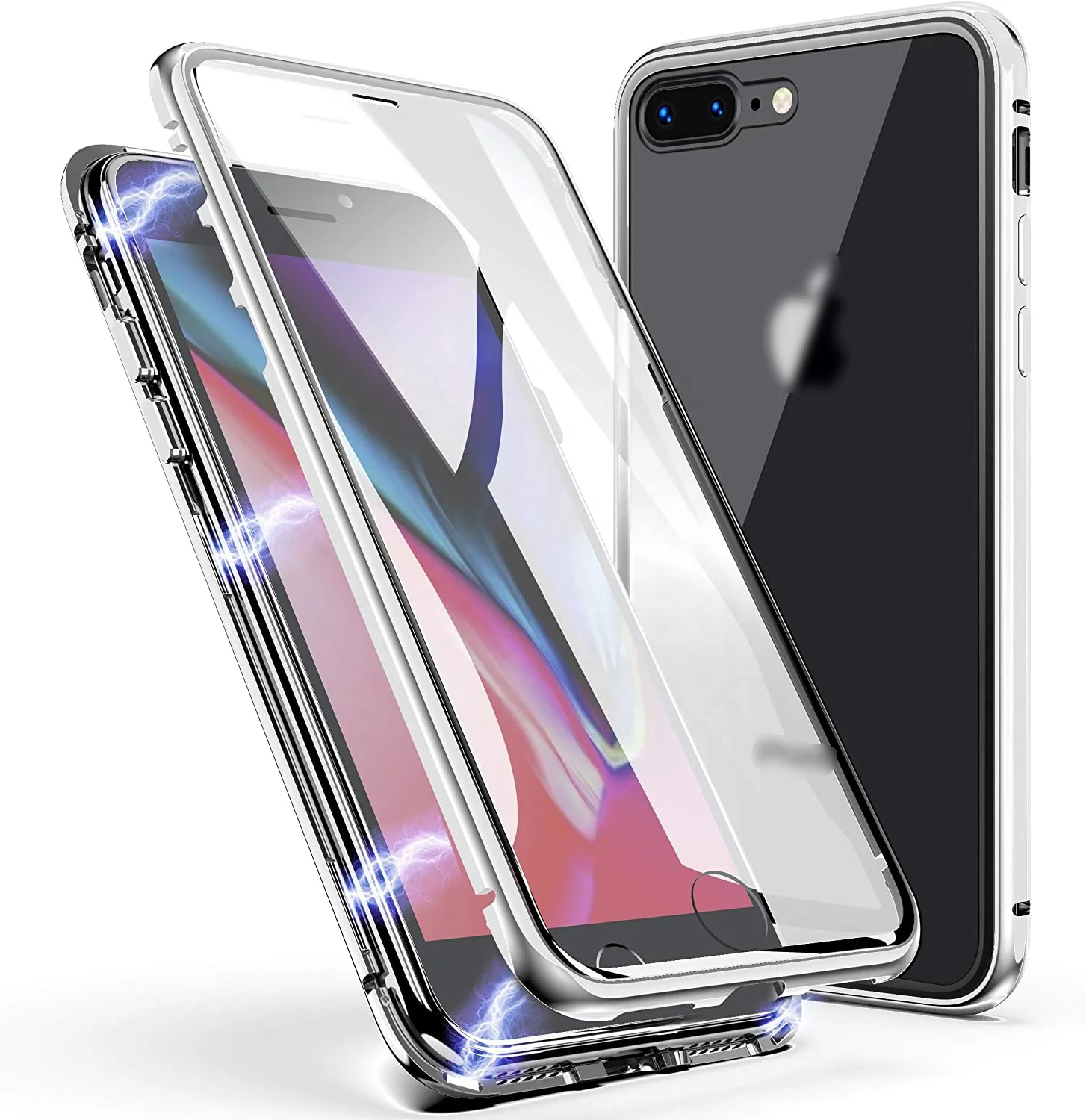 

ZHIKE Metal Aluminum Frame Double Sided Tempered Glass 360 Full Protection Magnetic Adsorption Case for iPhone 7/8 Plus, Black, red, silver