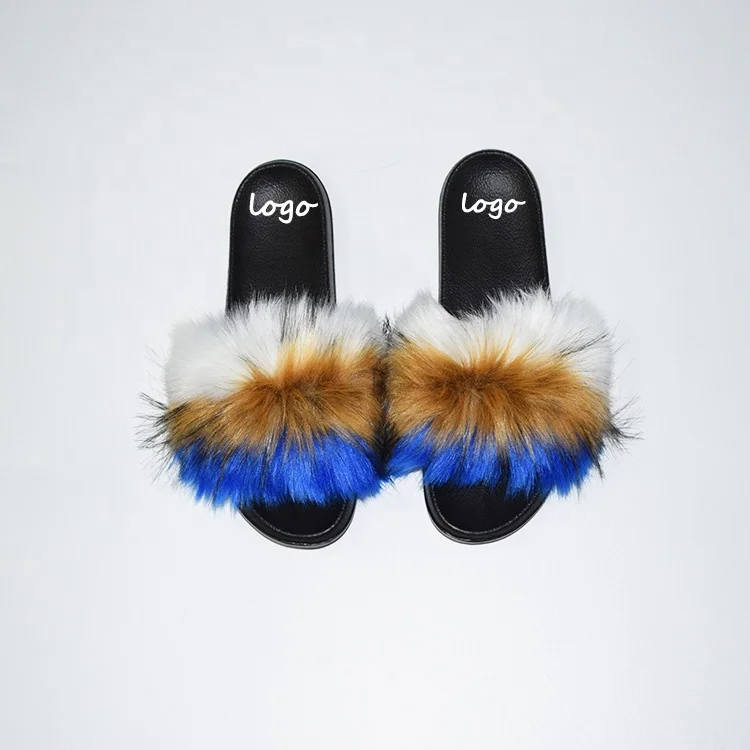 

Wholesale Vendor Real Black Grey Big Mink Raccoon Fluffy Slippers Furry Shoes Women Fox Fur Slides