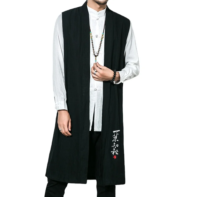 

Men's Vests Long Trench Sleeveless Cotton Solid Men Waistcoat Chinese Style Vintage Casual Cloak Outerwear Jackets