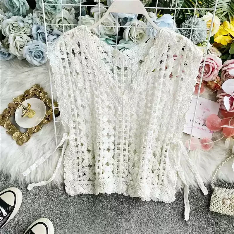 Retro Hollow Knitted Blouse Lace Shoulder Shawl