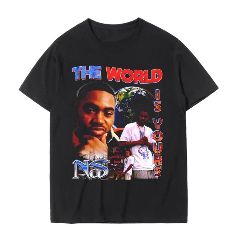 

nas the world is yours Black T Shirt Hip Hop Streetwear Male T-Shirt Men Rapper Shoot for The Star Casual Women Tops Tee