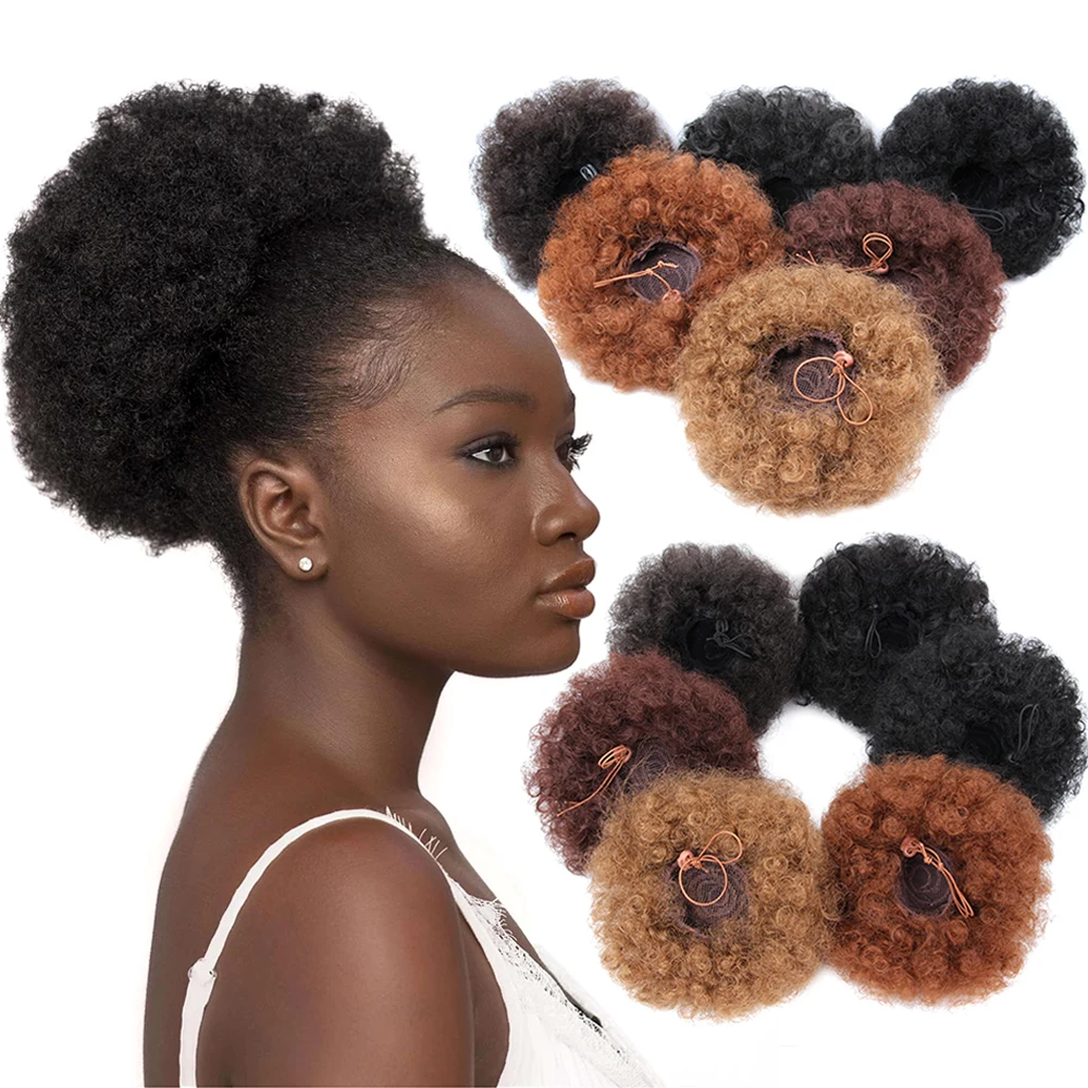 

AliLeader Perfect Afro Messy Bun Drawstring Ponytail Extensions Clip On Bun Hair Piece Natural Puff Short Afro Curly Synthetic