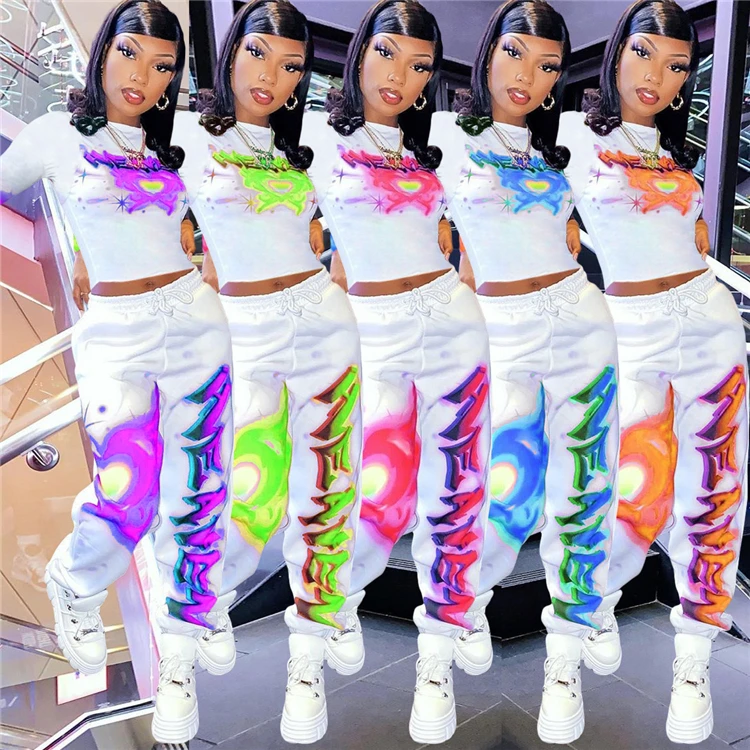 

W8508 Two piece pants sets womens clothing printed Leggings sports suit