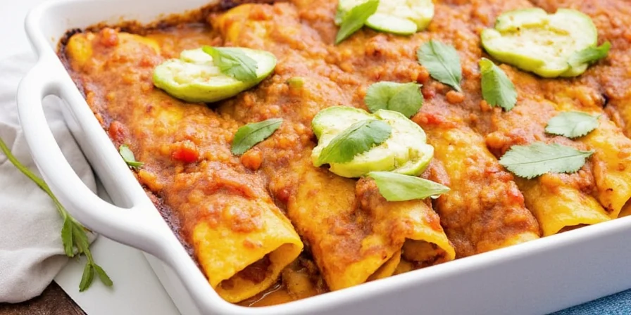 Finished vegetable enchiladas plated beautifully on a serving dish
