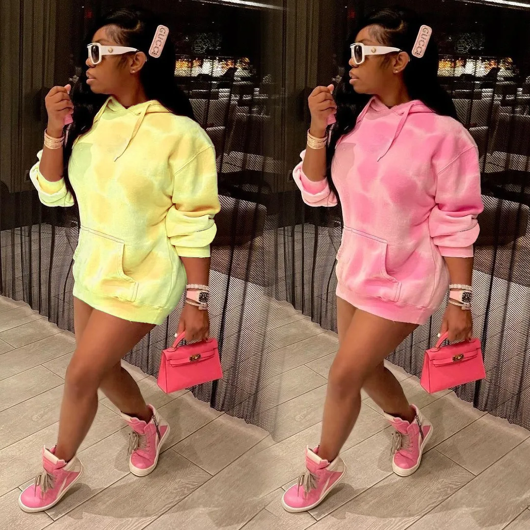 

New Arrivals Fall 2021 Women Female Hoodie Dress Fashion Plus Size Tie Dye Hoodie Dress Long Sleeve Trendy Pull Over