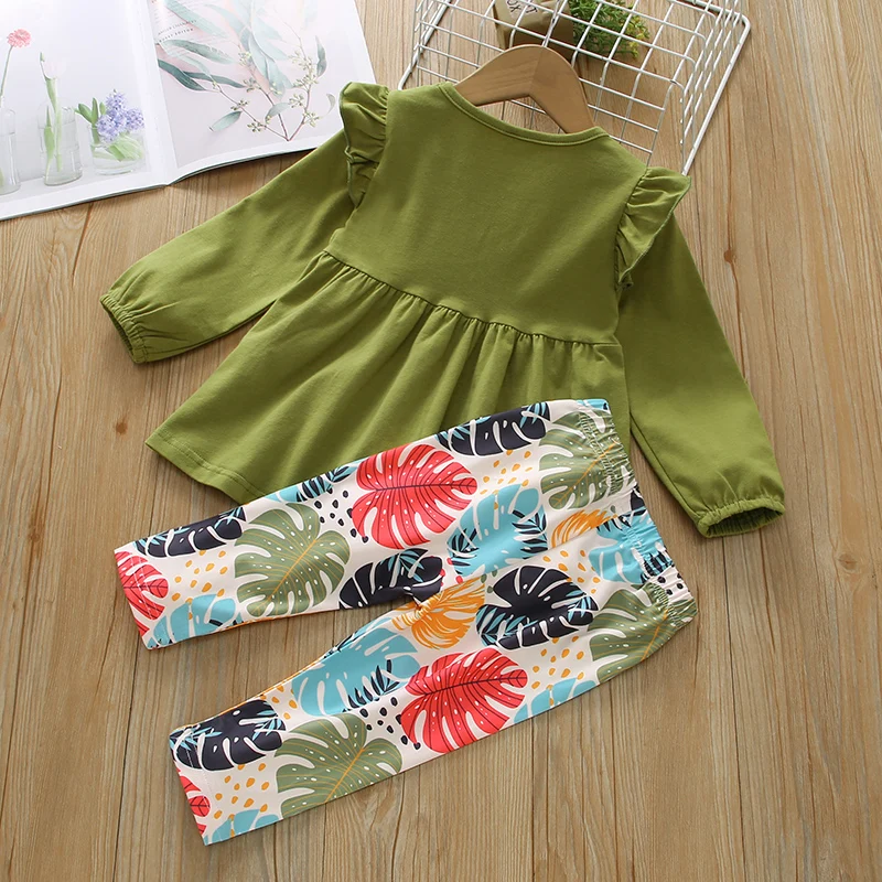 

girls green long-sleeved shirt leaf plant print slim pants leggings set kids set clothes, Picture
