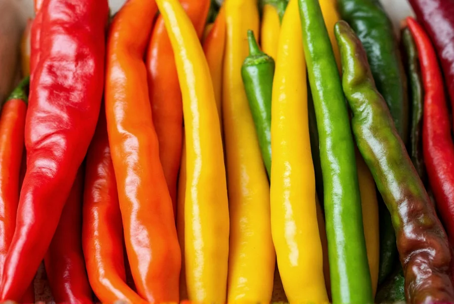 Close-up view of various chili pepper types arranged by heat level from mild to extreme