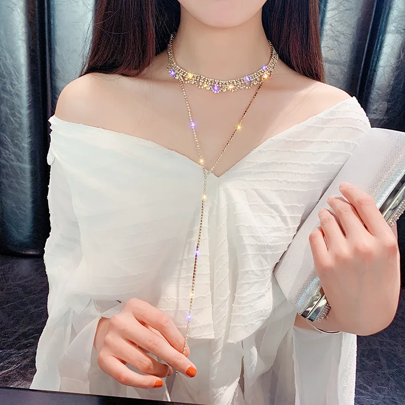 

fashion jewelry trendy shiny rhinestones gold layered diamond choker necklace