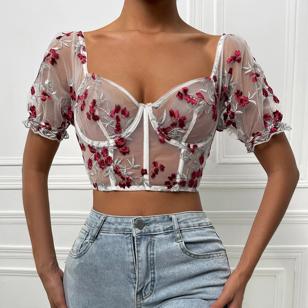 

Factory direct sale mesh transparent women sexy lingerie Floral embroideryshort sleeves women sexy bra, Sky blue, wine red