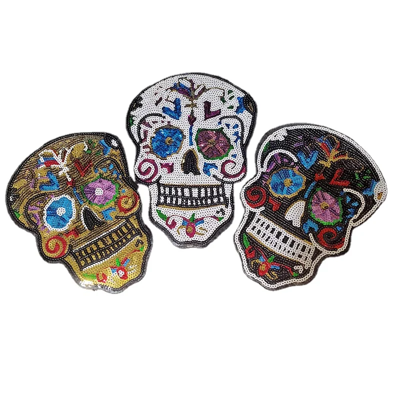 

gold black white color skull sequin embroidered patches skull iron on fashion embroidery patch for clothing