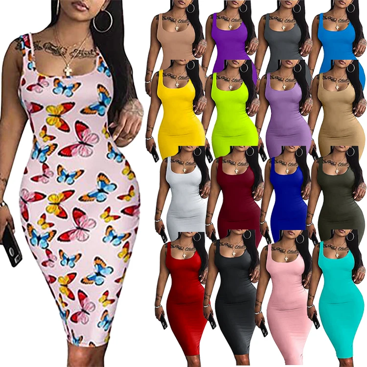 

2021 Hot Sale Summer Club Wear Shoulder-Strapped Backless Sleeveless Dress Bodycon Sexy Print Butterfly Dress
