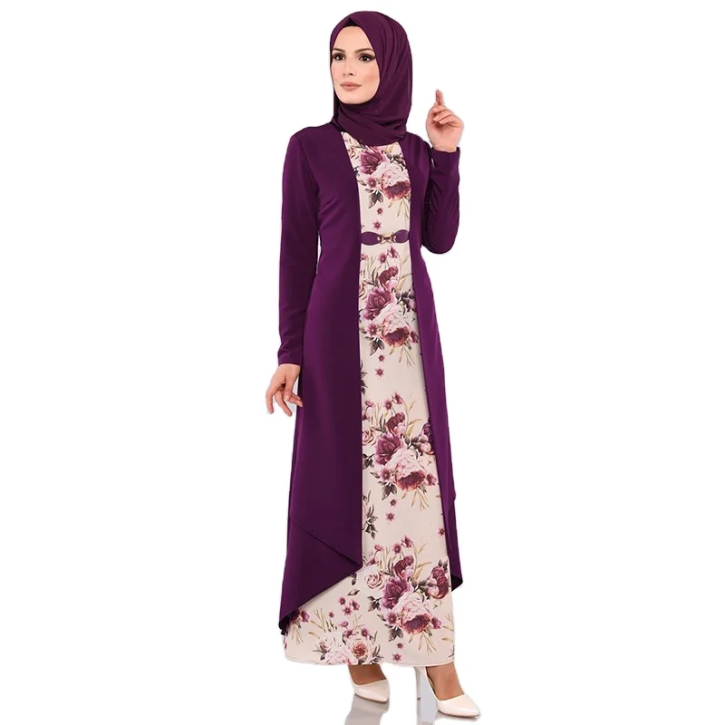 

Muslim New Color Block XL Women's Abaya Women's Embroidered Cardigan Two Dress