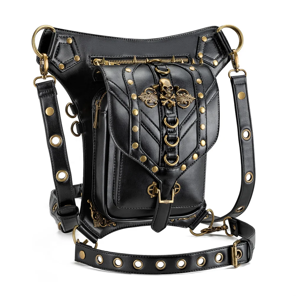 

Factory supplier wholesale multi-functional black skull PU crossbody bag fashion waist women student ladies bags