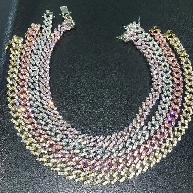 

18k gold plated hip hop jewelry pink and white bling cuban link necklace