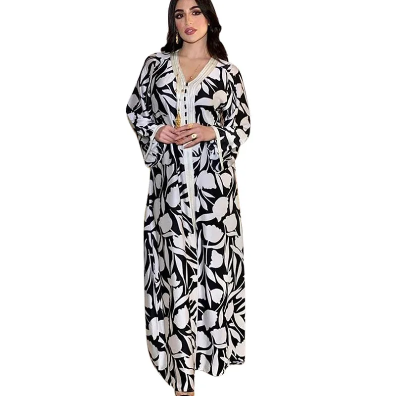 

AB002 New Breathable Smooth Middle East Women Floral Print Abaya Dubai Long Dress Muslim Islamic Clothing