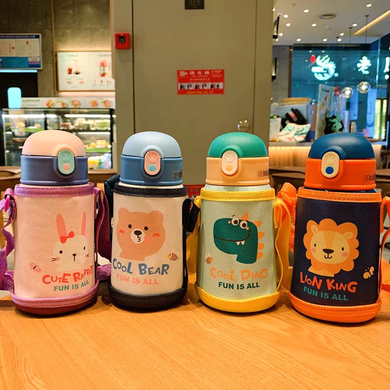 

Cartoon Cute Stainless Steel Water Bottle For Kids With Cup Holder Baby Children Student Outdoor Portable Habit Cup Vacuum Flask