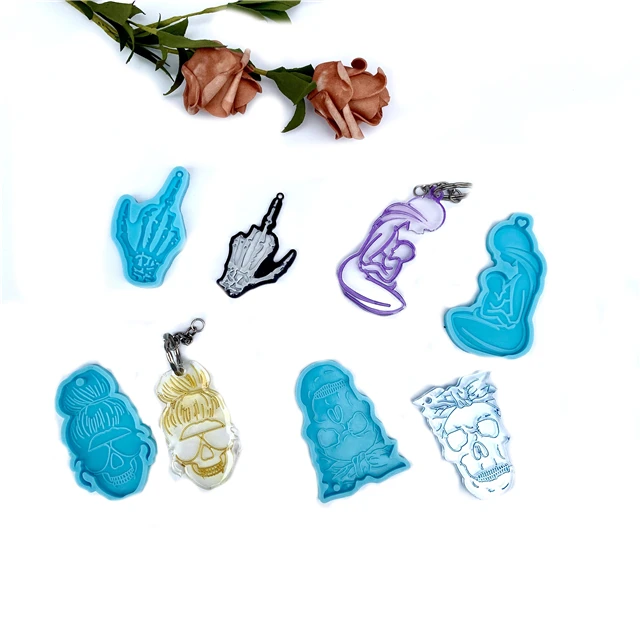 

J060 DIY Shiny Resin Pregnant Mother Man Woman Skull Skeleton Hands Silicone Keychain Mold, Stock or customized