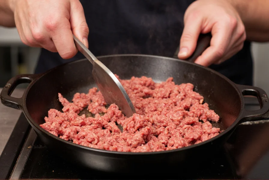 Professional chef browning ground beef in cast iron skillet for chili recipe