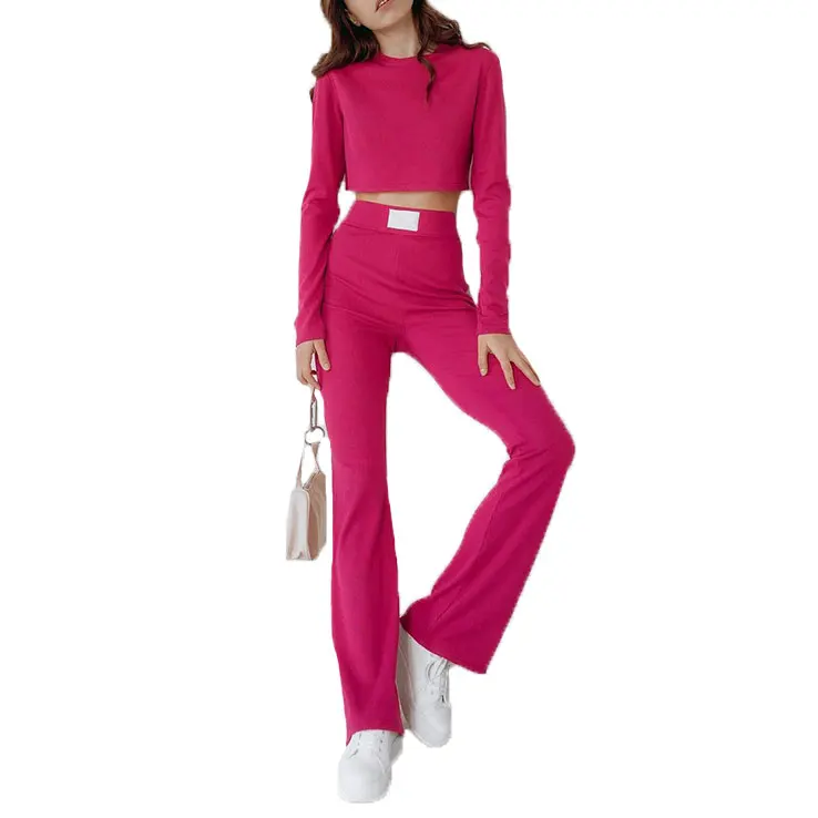 

10625-MX48 color crop top flared pants two piece set women sehe fashion