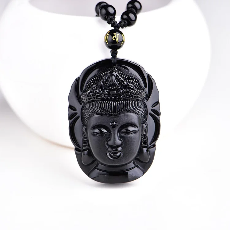 

Fine Carved Scrub Black Natural Obsidian Pendant Guanyin Head Buddha Pendant Necklace Blessing Lucky for Men Women Stone Jewelry