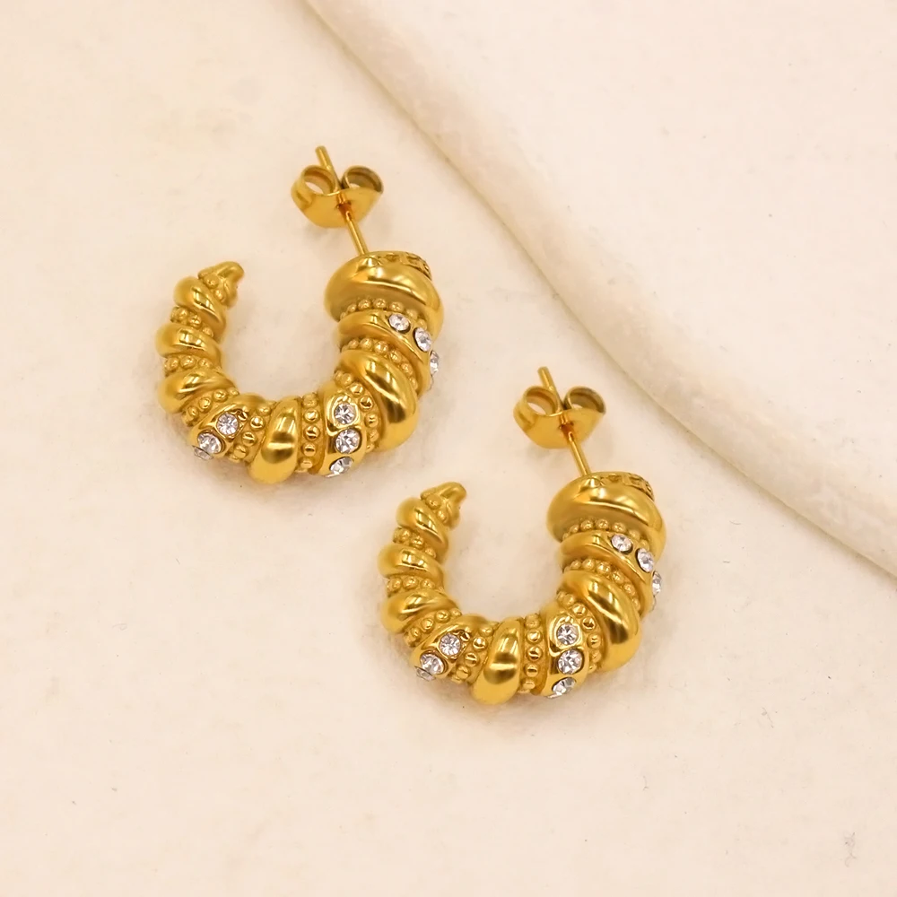 Luxury 3A CZ Inlaid Curve Stainless Steel Hoop Earrings Women Exquisite PVD Gold Plated Ear Stud Wholesale Low MOQ