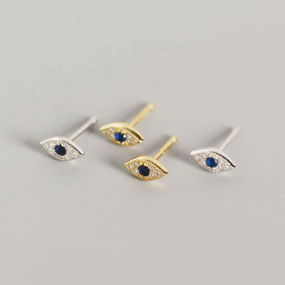 

925 Sterling silver jewelry 18K gold plated devil eye micro pave clear zircon mini cute blue evil eye stud earrings for women