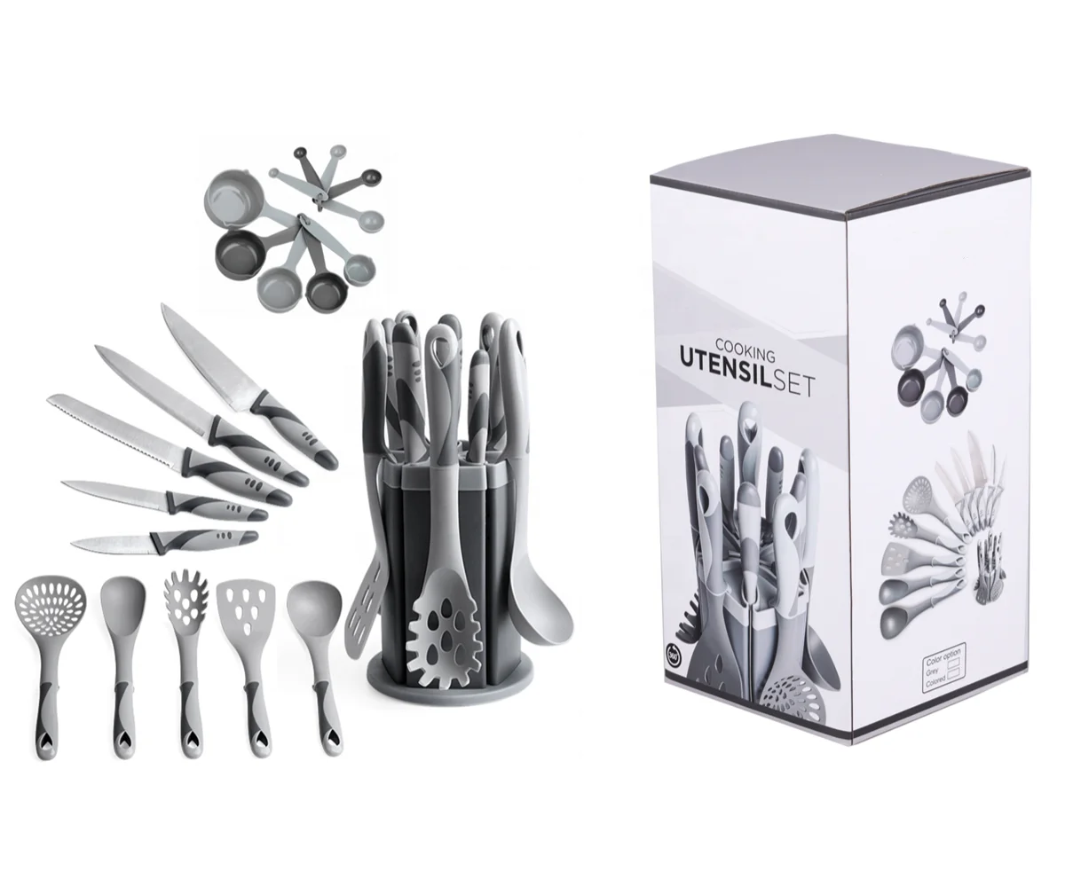 

Customized Private Label 21 Piece Nylon Utensil Stainless Steel Knife Set with 360 Degree Rotating Stand