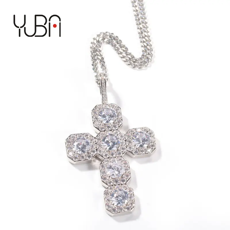 

New Style Fashion Hip Hop White Gold Plated Bling CZ Cross Pendant Tennis Chain Necklace Women And Men Rapper Jewelries