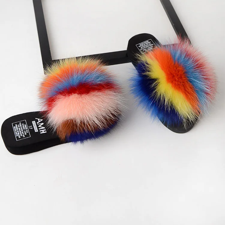 

Custom Wholesale Vendor Luxury Big Full Fluffy Real Faux Fox Furry Fur Slide Indoor Kids Women Sandals Fur Slippers, 6 color as picture