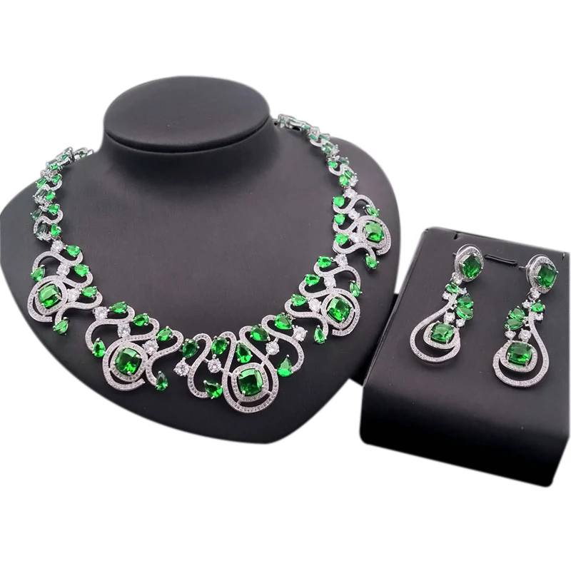 

Cubic Zirconia Green Stone Jewelry Sets Beautiful Fashion Bridal Jewellery Set Women Wedding Nigerian Necklace Set Birthday Gift