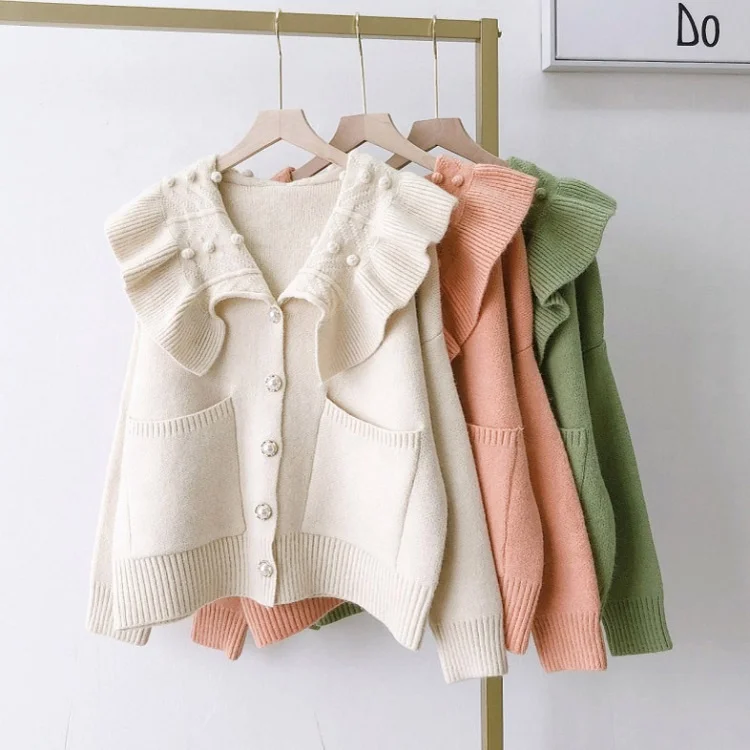 

Sweet long sleeve wool ball lapel knitted cardigan autumn and winter women's sweater, Beige,green,pink