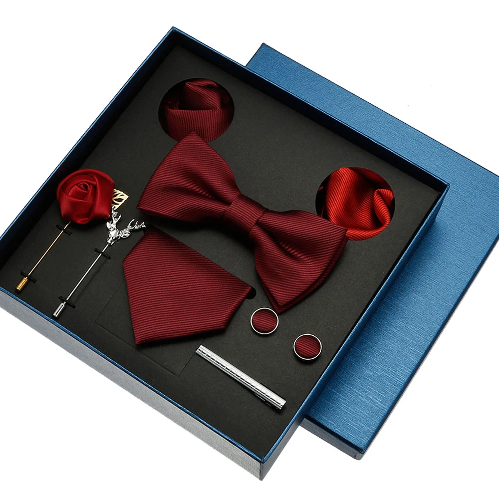 

Mens Tie Set Gift Box Solid Maroon Burgundy Silk Necktie Sets With Pocket Square Cufflinks For Men Wedding Party