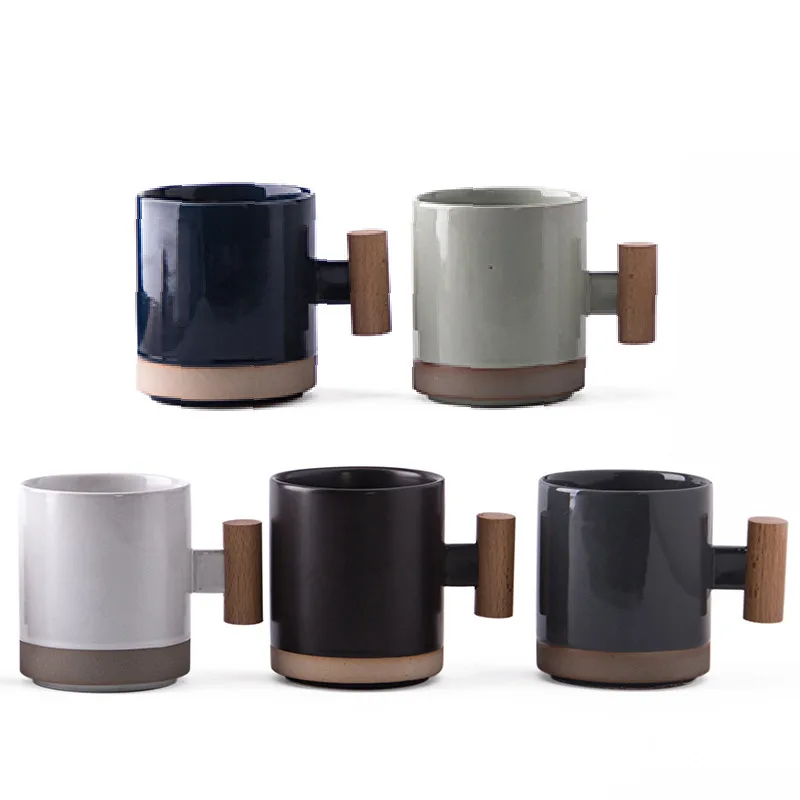 

High Quality Customized Retro Japanese & Korean Style Ceramic Coffee Mug Cup with Wood Handle, Classical black,dark blue,gem grey,matte white,olive green