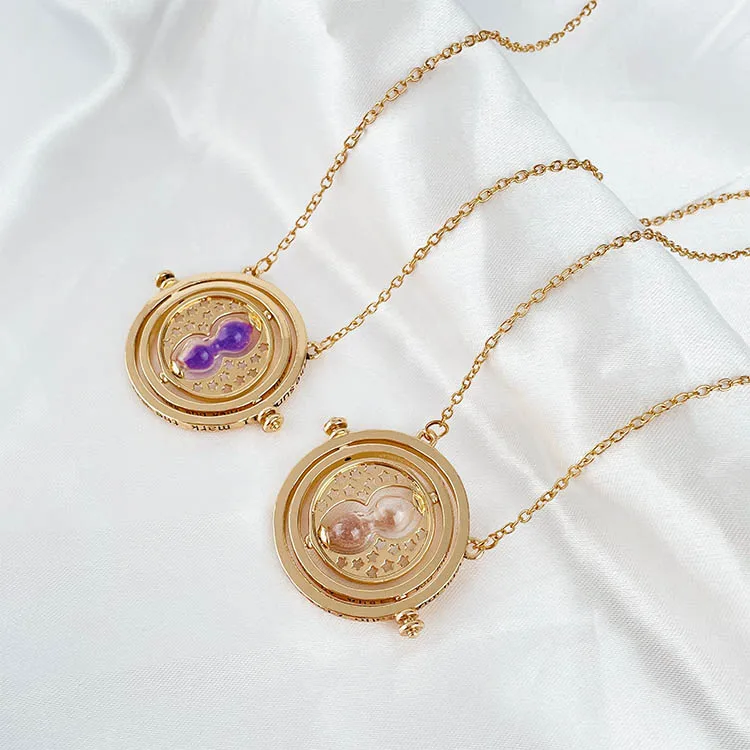 

Hot Sale Film Gold Plated Harry Jewelry Potter Time Turner Hourglass Pendant Rotatable Necklace, Gold color