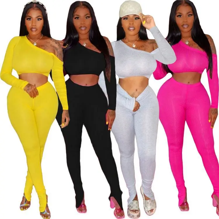 

TINA New Style Solid Color Slash Neck Long Sleeves Bodycon Two Pieces Yoga Sets Women Casual Suits