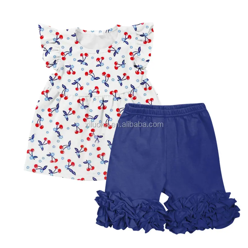 

Children Clothes Wholesale Kids Boutique Girl Clothing Cherry Print And Blue Soild Pant ruffle Girl Outfits, Picture