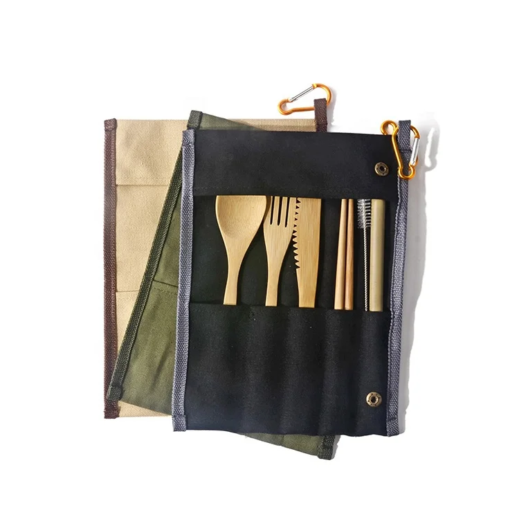 Reusable Bamboo Cutlery Set Portable Tableware Wooden Cutlery Fork Spoon Knife Set with Cutlery Bag for Travel Utensil Set