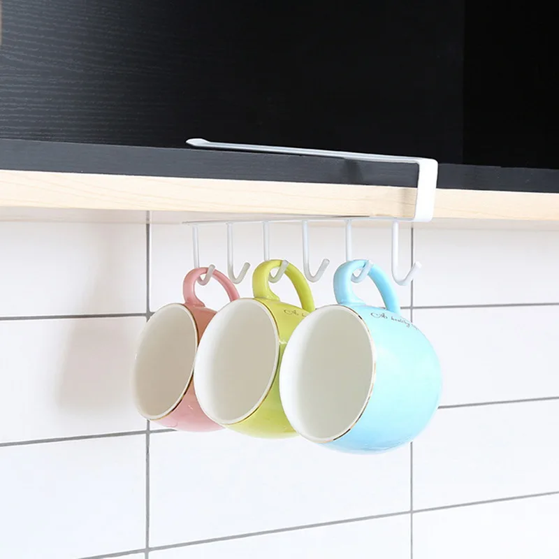 

Iron Kitchen Storage Racks Holders 6 Hooks Single Row Hanger Cupboard Cup Bowl Hanging Shelf Holder Bathroom Cabinet Organizer, Black/white