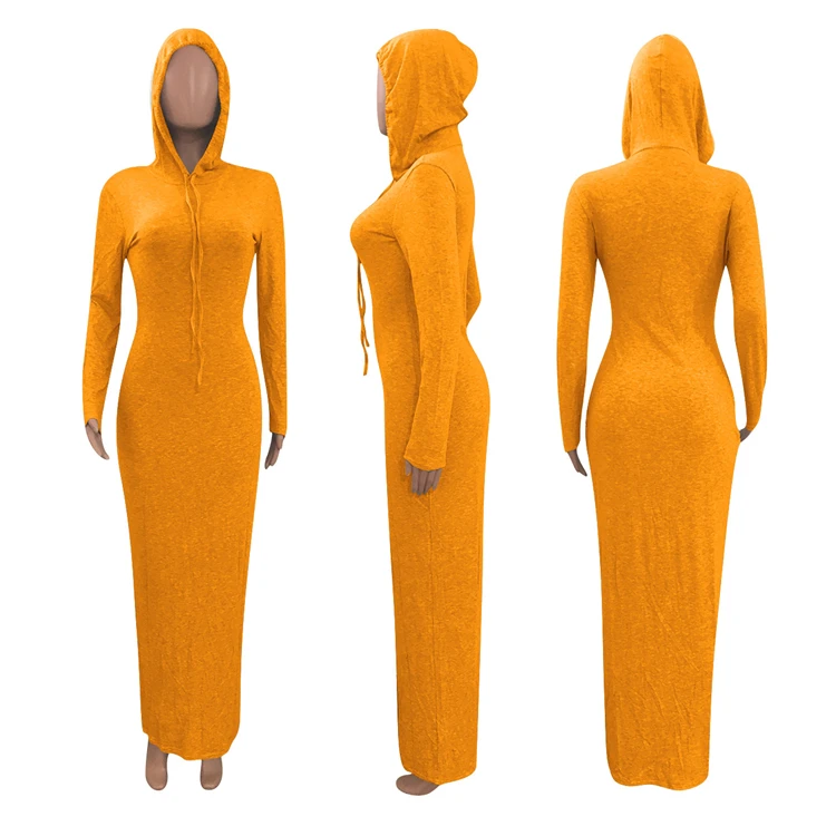 Lowest Price Fashionable Casual Long Dress Hooied Solid Color Long Sleeve Dress Women Dresses Ladies