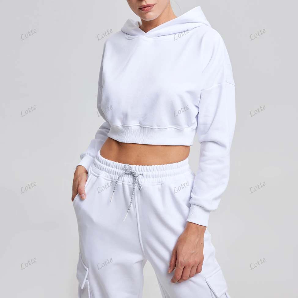 

High quality custom casual crop top design hoodies women jogger comfy cotton multicolor hoodie and sweat pants set for women