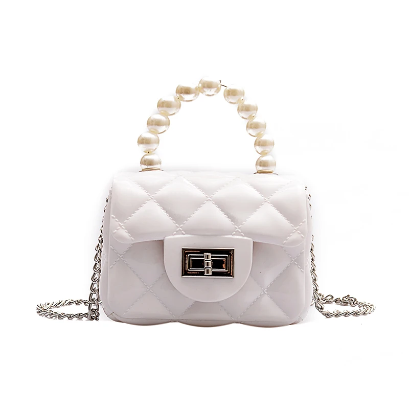 

2021 Fashion Candy Small Shoulder Crossbody Bag Chain Purses Colorful Pvc Mini Kids Jelly Bag Handbag with Pearl Handle