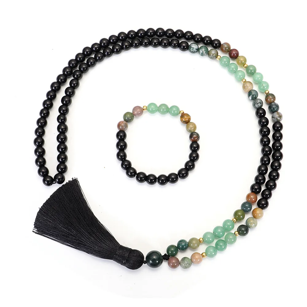 

Summer New Style Black Tassel Long Necklace 108 8MM Green Aventurine Indian Agate Beaded Necklace, As picture