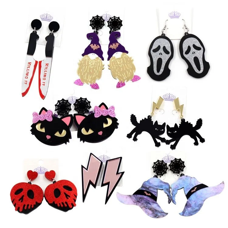 

Acrylic Halloween Earrings Skull Lightning Earrings Witch Hat Cat Knife Dangle Earrings