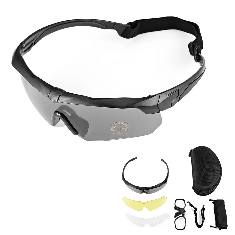 

Outdoor Sports Cycling UV400 3 Lens Protective Glasses Tactical Military Airsoft Shooting Anti Explosion Eyewear, Black,white,yellow
