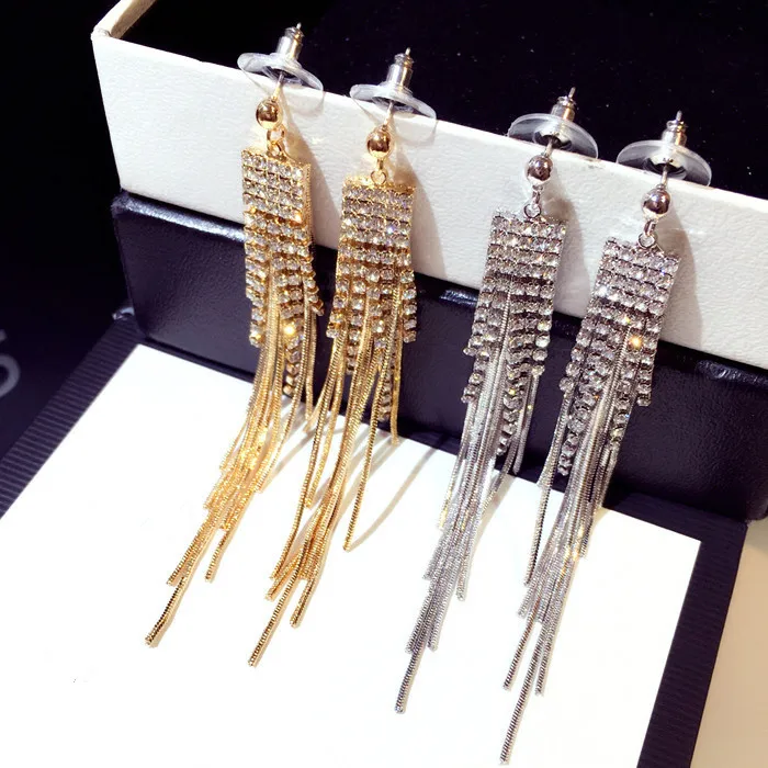 

New Long Earrings Dangle Earrings Women Exaggerated Rhinestone Gold And Silver Color Metal Tassel Earrings For Women, Picture shows