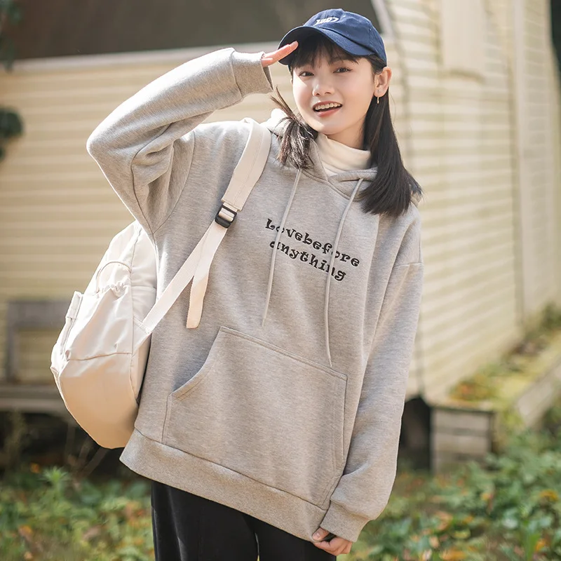 

Letter embroidery cotton sweater women's thick and velvet 2021 winter loose hooded pullover casual top
