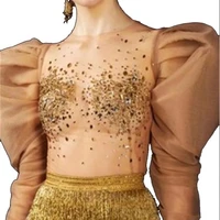 

LY042# Night club bodice banquet sexy top perspective ladies blouse mesh gauze sleeves rhinestone wild short top women