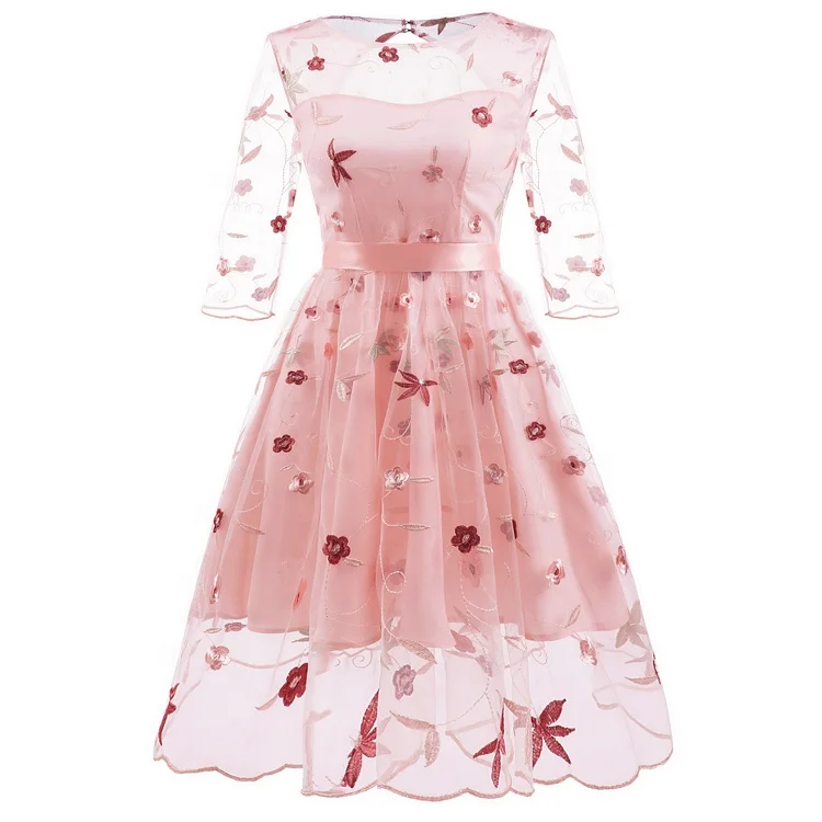

Dress lace hand embroidered vintage style puffy gown, Pink/apricot