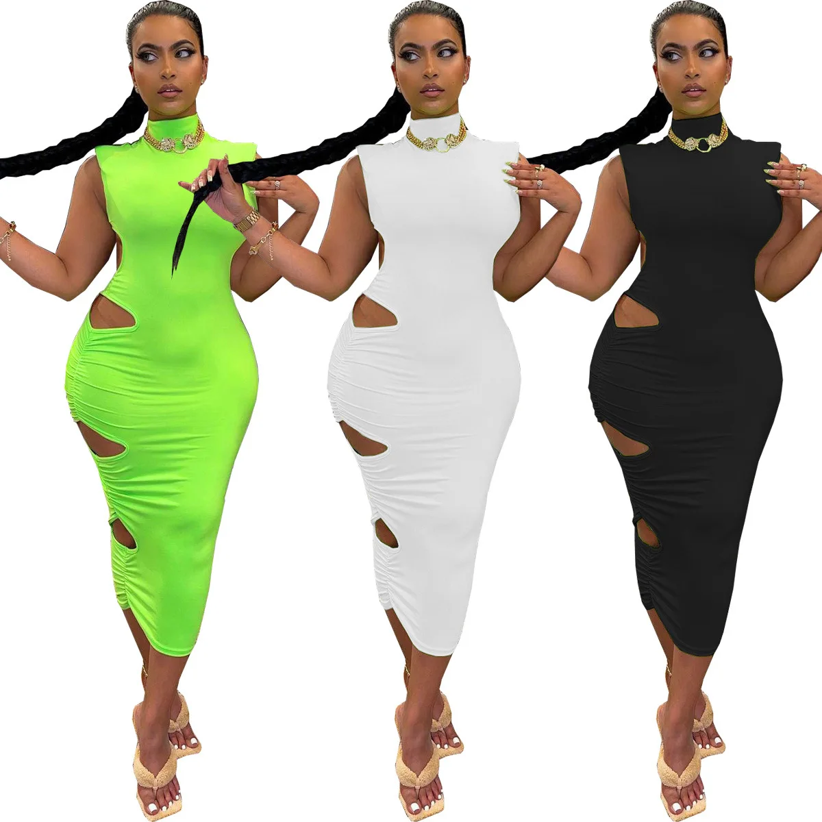 

Solid color sleeveless sexy maxi dresses women wholesale night high neck backless broken hole wrinkle skirt club dress D10857