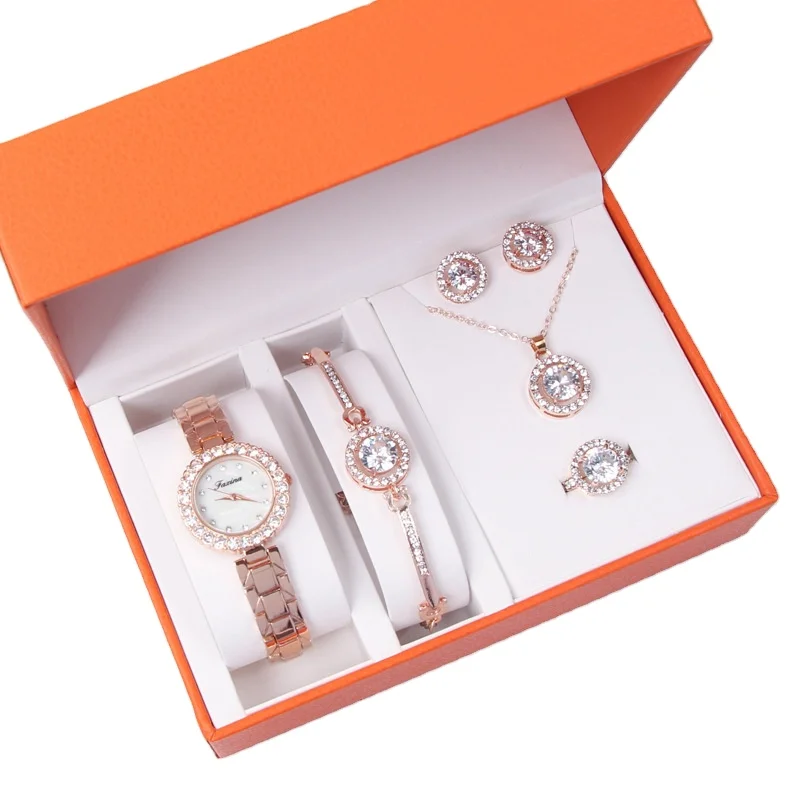 

2021 Ladies Watch Casual Quartz Wristwatch Set Luxury Women Watches Crystal Bracelet Stud Earring Necklace Set